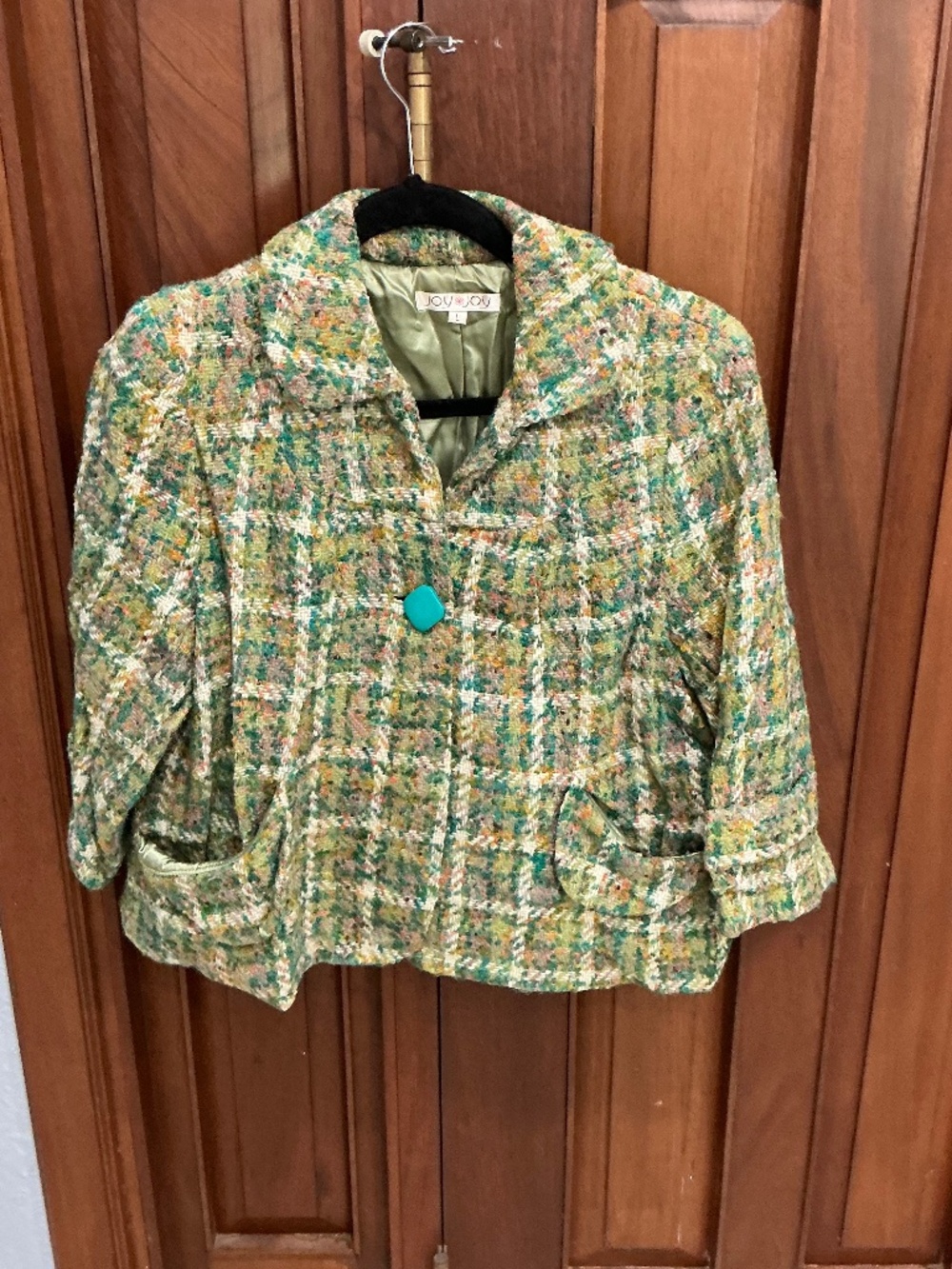 JOY JOY: Green Multi-Color Plaid Bouclé Tweed 3/4 Sleeve Jacket